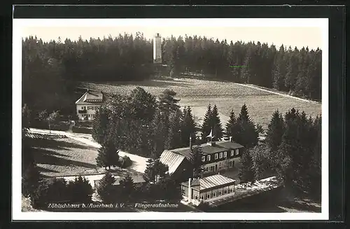 AK Auerbach i. V., Zöbischhaus und Aussichtsturm, Fliegeraufnahme