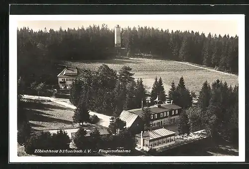 AK Auerbach i. V., Zöbischhaus und Aussichtsturm, Fliegeraufnahme