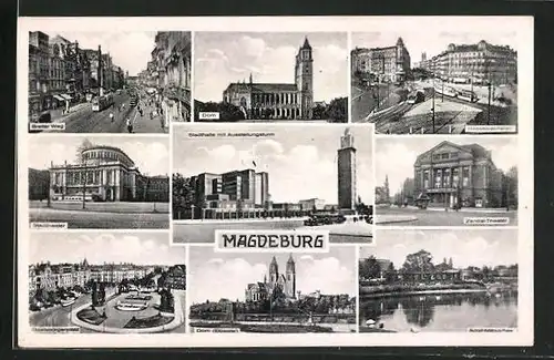 AK Magdeburg, Breiter Weg-Strasse, Hasselbachplatz mit Strassenbahnen, Dom, Staatsbürgerplatz