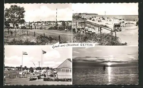 AK Rettin / Ostsee, verschiedene Strandansichten, See bei Sonnenuntergang