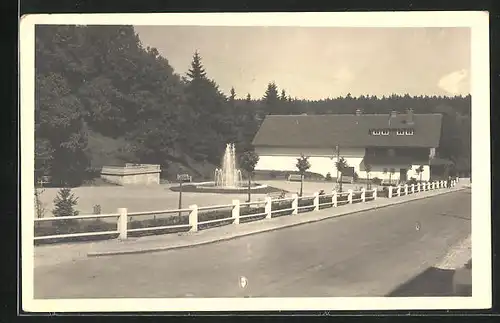 AK Schmiedefeld / Rstg., Gebäudeansicht und Springbrunnen