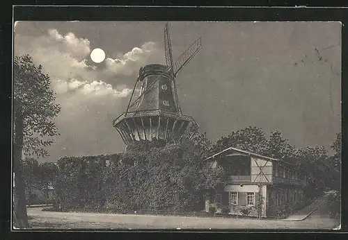 AK Potsdam, Historische Mühle bei Nacht