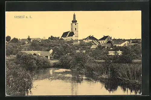 AK Veselí n. Luz., Ortspartie mit Kirche