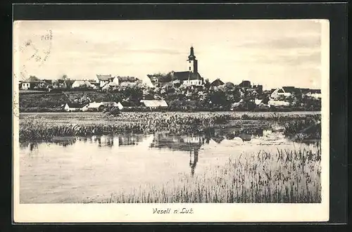 AK Veselí n. Luz., Panorama vom Fluss aus gesehen