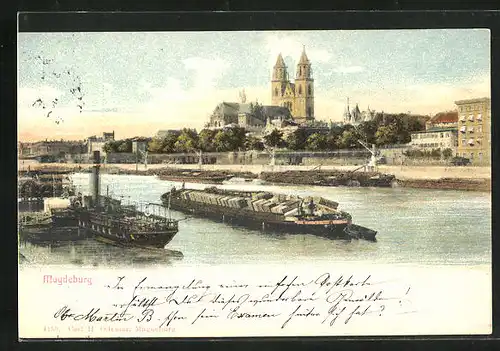 AK Magdeburg, Flusspartie, Dampfer an der Anlegestelle