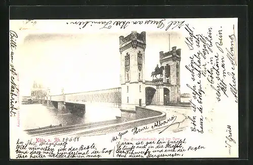 AK Köln, Eisenbahnbrücke, Blick zum Dom