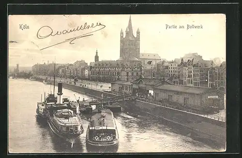 AK Köln, Partie am Bollwerk, Dampfer an der Anlegestelle