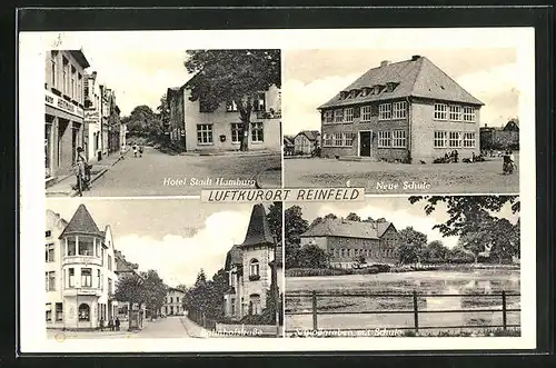 AK Reinfeld, Hotel Stadt Hamburg, Neue Schule, Bahnhofstrasse und Schlossgraben mit Schule