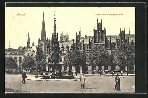 AK Lübeck, Markt mit Hauptpostamt