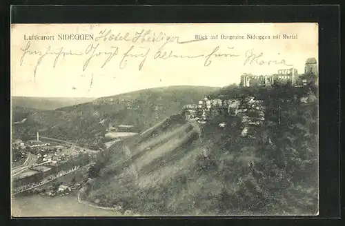 AK Nideggen, Blick auf Burgruine Nideggen und Rurtal