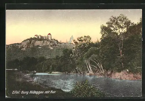 AK Nideggen, Partie an der Rur, Blick zur Burgruine