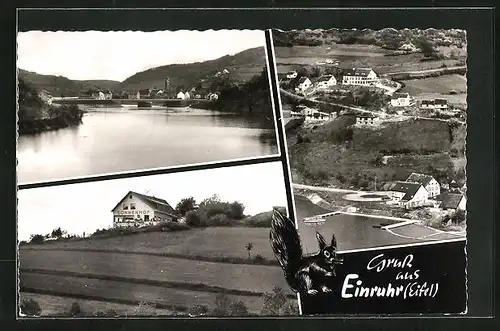 AK Einruhr / Eifel, Ortsansicht und Seepartie, Hotel-Café Sonnenhof