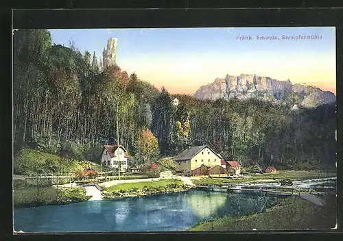 AK Gössweinstein, Gasthaus Stempfermühle vor Bergpanorama