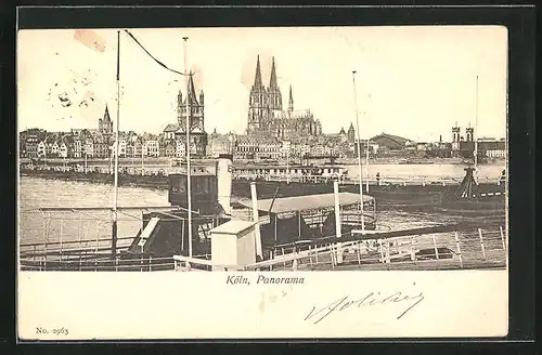 AK Köln, Panorama mit Dom und Rheinpartie, Dampfer an der Anlegestelle