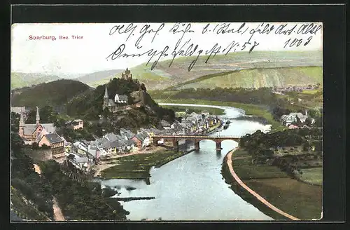 AK Saarburg, Ortsansicht und Flusspartie mit Brücke