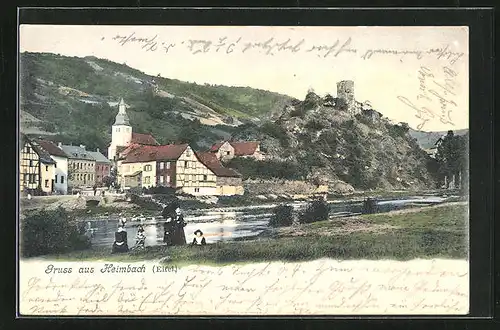 AK Heimbach / Eifel, Flusspartie, Blick zur Kirche