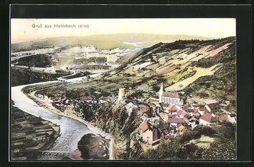 AK Heimbach / Eifel, Ortsansicht mit Kirche, Flusspartie