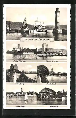 AK Konstanz, Dampfer an der Hafeneinfahrt, Schloss Montfort, Meersburg, Friedrichshafen, Ueberlingen