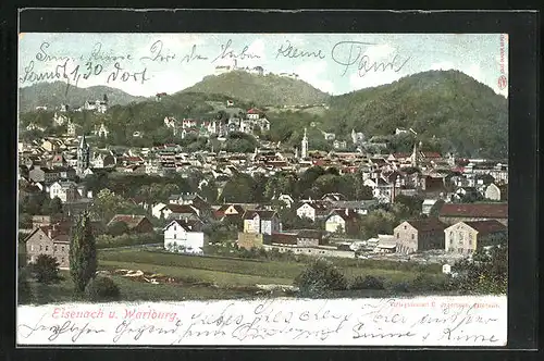 AK Eisenach, Gesamtansicht mit der Wartburg auf dem Berg