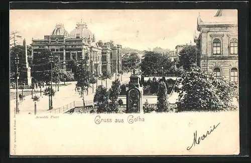AK Gotha, am Denkmal auf dem Arnoldi Platz