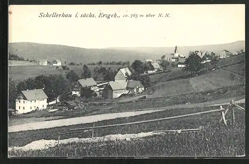 AK Schellerhau im Erzgeb., Blick auf die kleine Siedlung im Tal, Blick zur Kirche