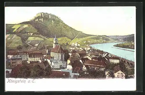 AK Königstein a. E., Blick über die Dächer der Stadt auf die Elbe, Blick hinauf zur Festung