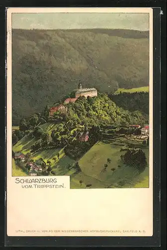 Lithographie Saalfeld a.S., Schwarzburg vom Trippstein gesehen