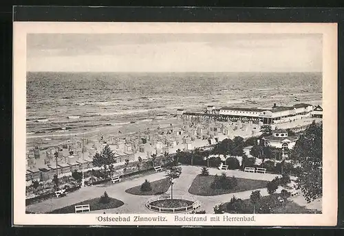 AK Zinnowitz, Badestrand mit Herrenbad an der Promenade