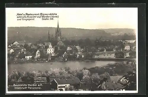 AK Werder a. H., Inselstadt-Panorama mit Hotel und Restaurant Bismarckhöhe