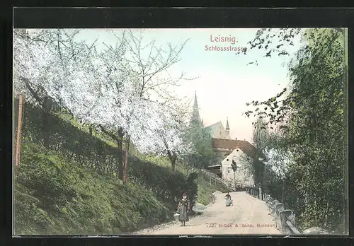 AK Leisnig, auf der Schlossstrasse, Blick zum Kirchturm