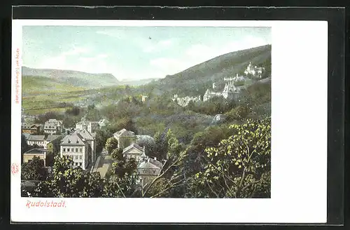 Lithographie Rudolstadt, Blick auf die Villen am Hang