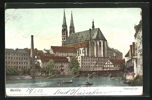 AK Görlitz, Ruderboot auf der Neisse unter der Peterskirche