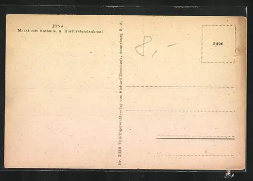 AK Jena, Passanten am Kurfürstendenkmal auf dem Marktplatz