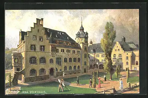 Künstler-AK Jena, Passanten vor dem Volkshaus