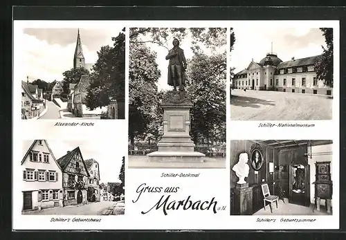 AK Marbach a. Neckar, Schillerdenkmal, Nationalmuseum, Alexanderkirche, Geburtszimmer Schillers