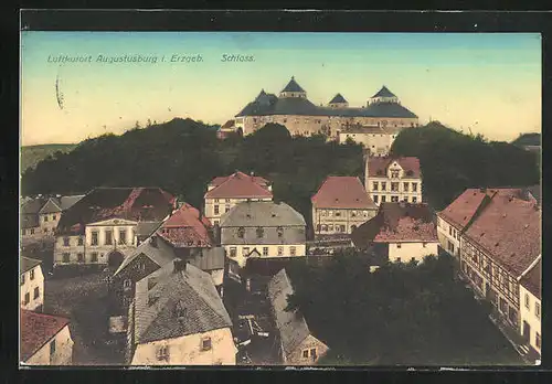 AK Augustusburg i. Erzgeb., Blick über die Häuser zum Schloss