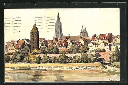 Künstler-AK J. Marschall: Ulm a.D., Blick vom Ufer auf die Stadt zum Dom