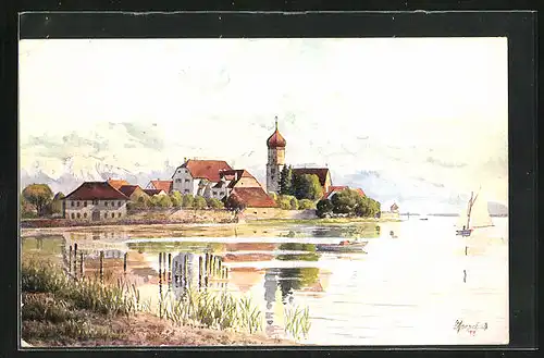 Künstler-AK J. Marschall: Wasserburg im Bodensee, die Kirche am Ufer