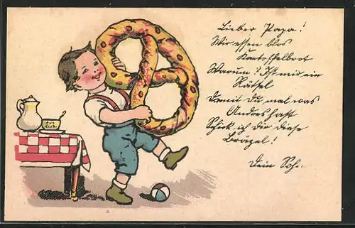 Künstler-AK Kriegsnot, kleiner Junge mit riesiger Brezel