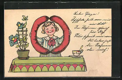 Künstler-AK Kriegsnot, Mädchen am Tisch mit einem Wurstring