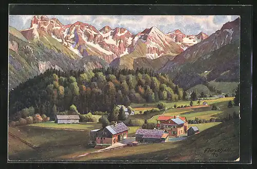 Künstler-AK Vinzenz Marschall: Schwand im bayr. Allgäu, Ortsansicht unter den Bergen