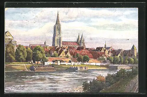 Künstler-AK Vinzenz Marschall: Ulm an der Donau, Blick über den Fluss zum Dom