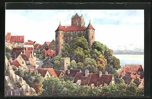Künstler-AK Vinzenz Marschall: Schloss Meersburg am Bodensee, die Festung mit Blick zum Säntis