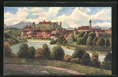 Künstler-AK Vinzenz Marschall: Füssen am Lech, Blick auf die Stadt und die Festung
