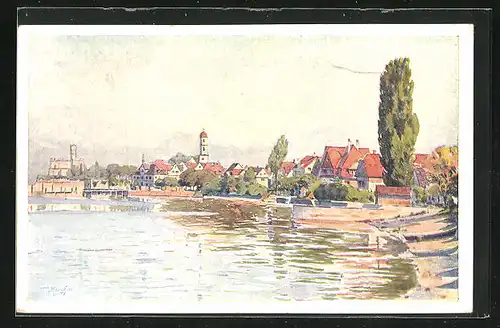 Künstler-AK J. Marschall: Langenargen am Bodensee, Partie am Ufer vor der Stadt, Blick zum Schloss Montfort