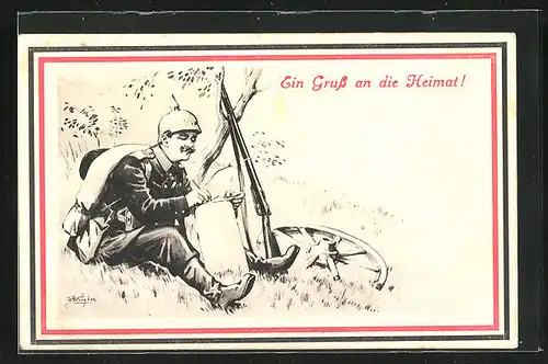 Künstler-AK Feldpost, Soldat schreibt einen Brief an die Heimat