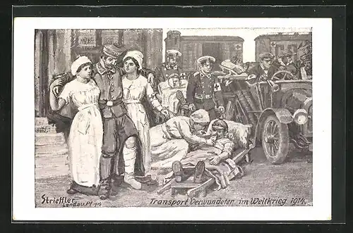 Künstler-AK sign. Strieffler: Transport Verwundeter im Weltkrieg 1914, Schwestern stützen Soldaten