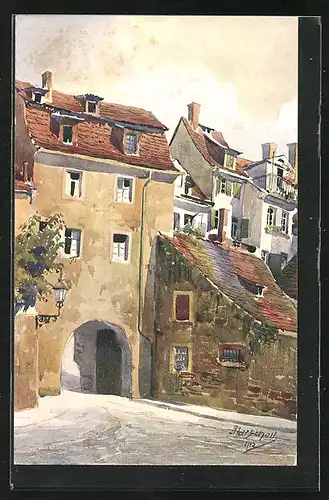 Künstler-AK J. Marschall: Würzburg, Partie am Mühltor