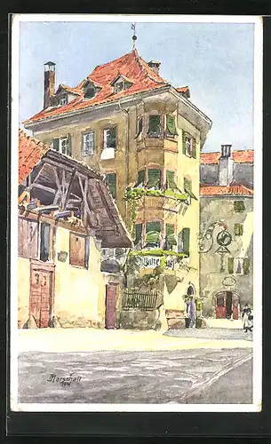 Künstler-AK J. Marschall: Bozen, Partie vor dem Batzenhäusel