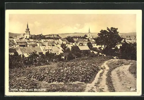 AK Nove Mesto na Morave, auf dem Feldweg über dem Ort, Blick auf die beiden Kirchen